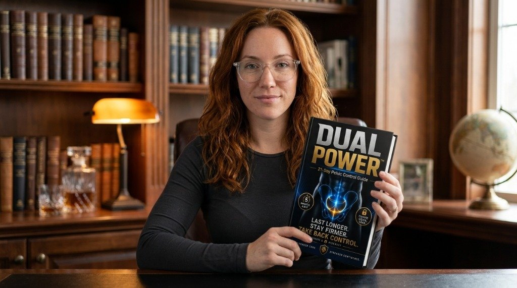 Presenter holding the Dual Power 21-Day Pelvic Control Guide